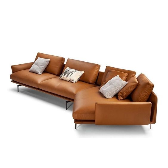 Tan Recessed Arm Sectionals Pillowed Back Cushions Corner Sofa - 129L x 35W x 35H / Genuine Leather